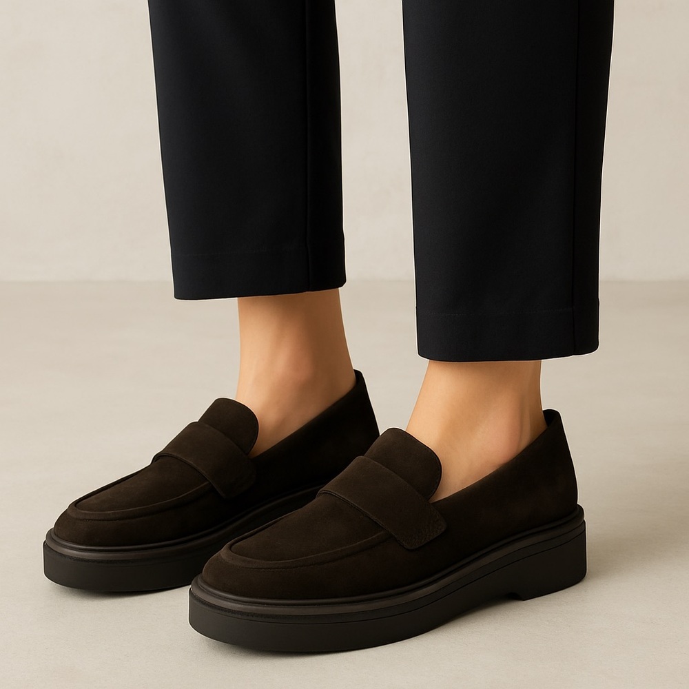 Aquatalia Lorita Genuine Suede Leather Platform Sole Slip-On Loafer Black Sz 6.5